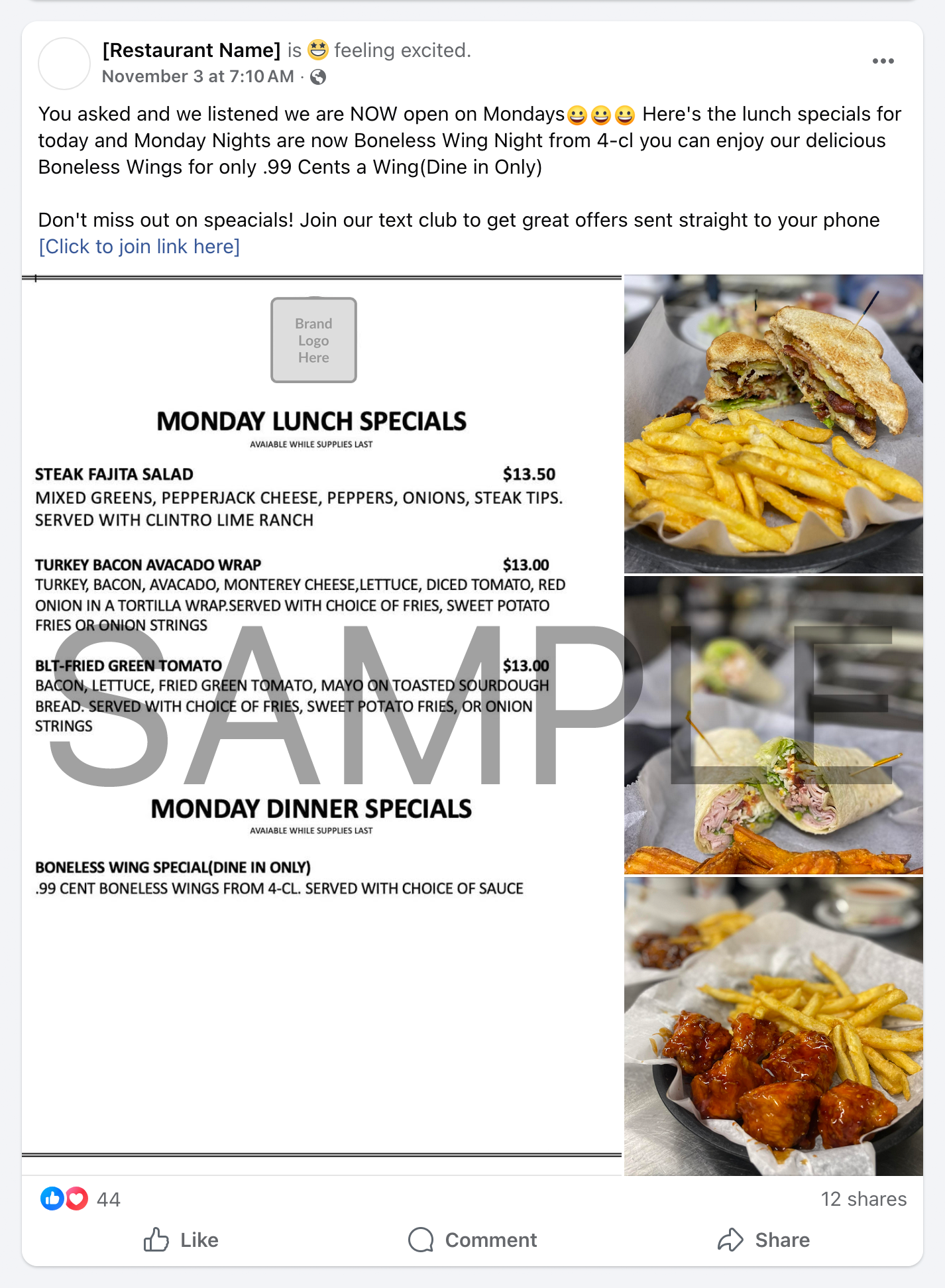 Facebook post from restaurant inviting customers to join text club with click-to-join link