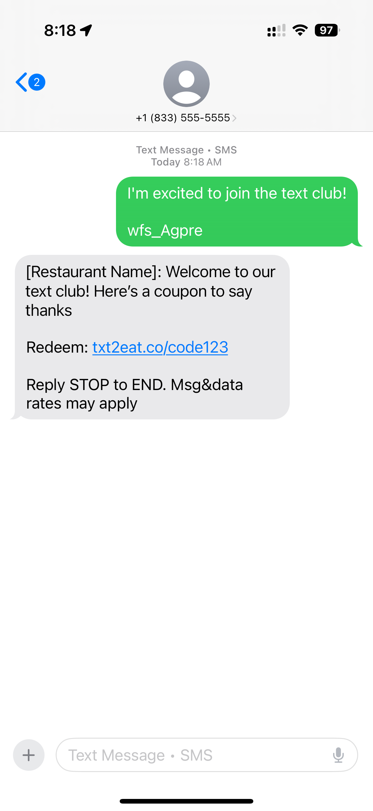 Complete message thread showing sent opt-in message and immediate confirmation response