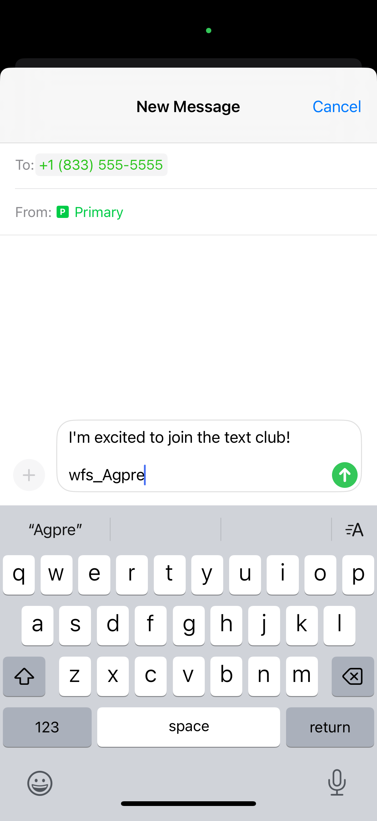 iPhone messaging app with pre-filled opt-in message after scanning QR code