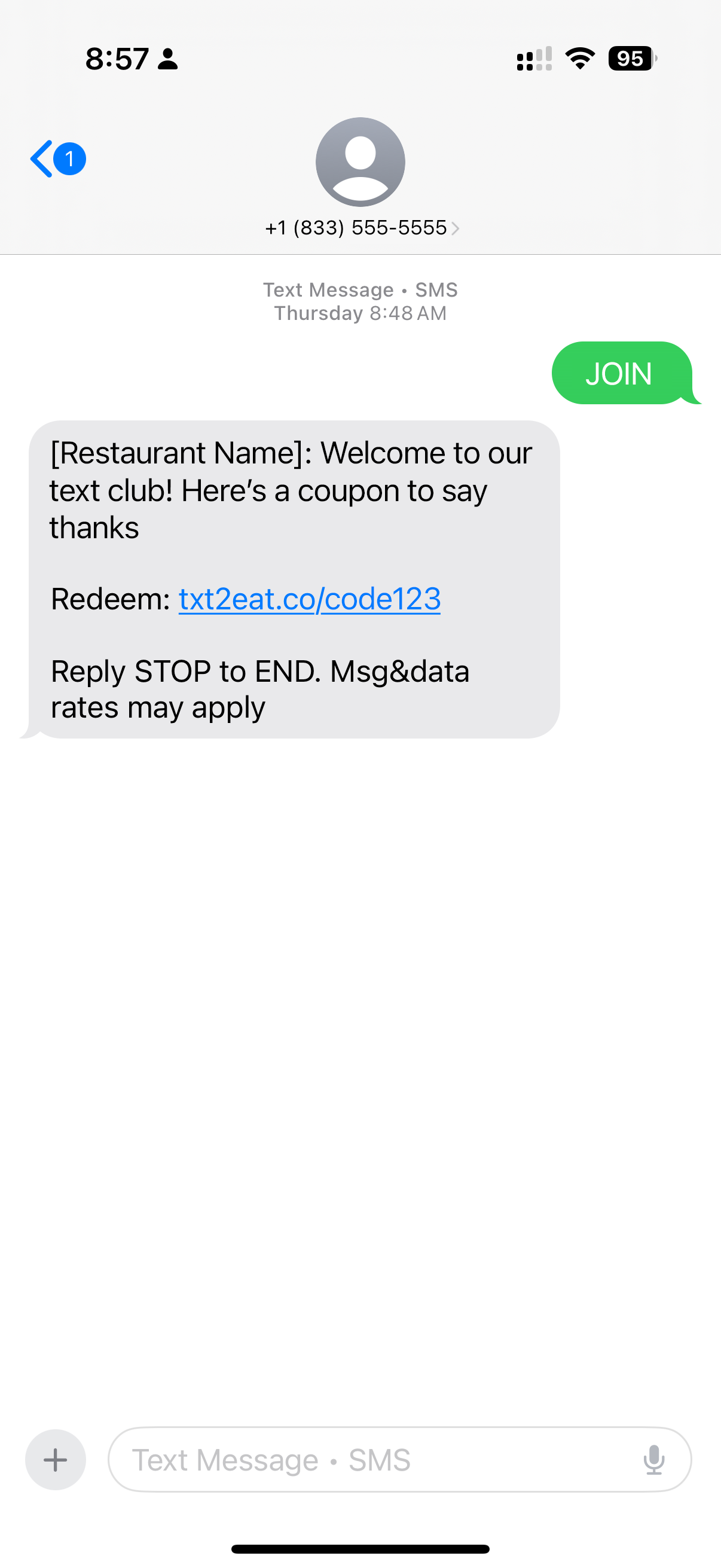 iPhone message thread showing customer texting JOIN to toll-free number and receiving welcome message with coupon and opt-out instructions